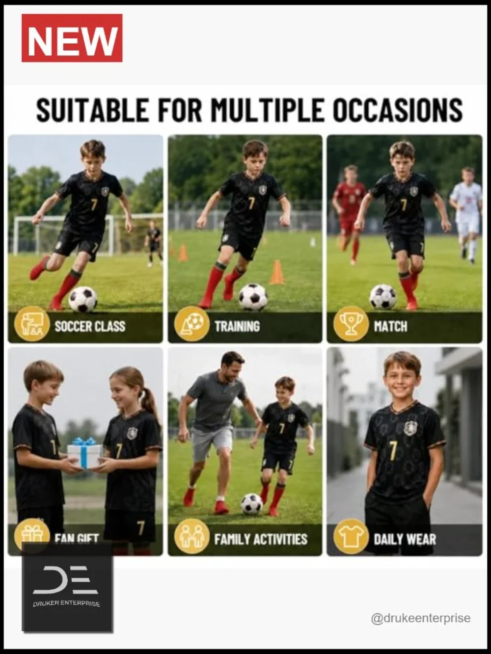 Kids Soccer Jersey Set with #7 Necklace - Uniform Shirt Shorts Socks